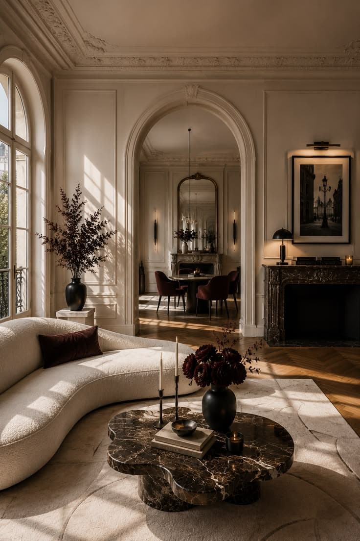 Luxurious living room with a curved white sofa, marble coffee table, and sunlit arched doorway.