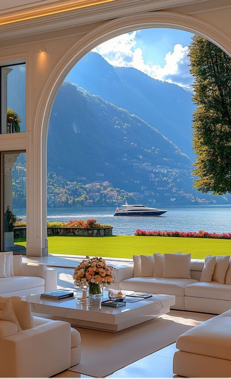White luxury living room overlooking a scenic lake with mountains and a passing yacht.