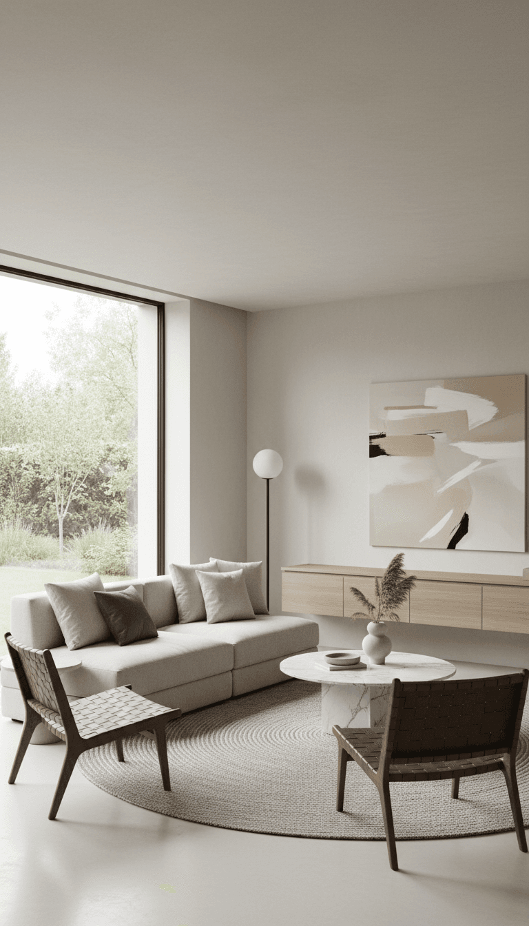 minimalist luxury living room interior with neutral tones and natural light