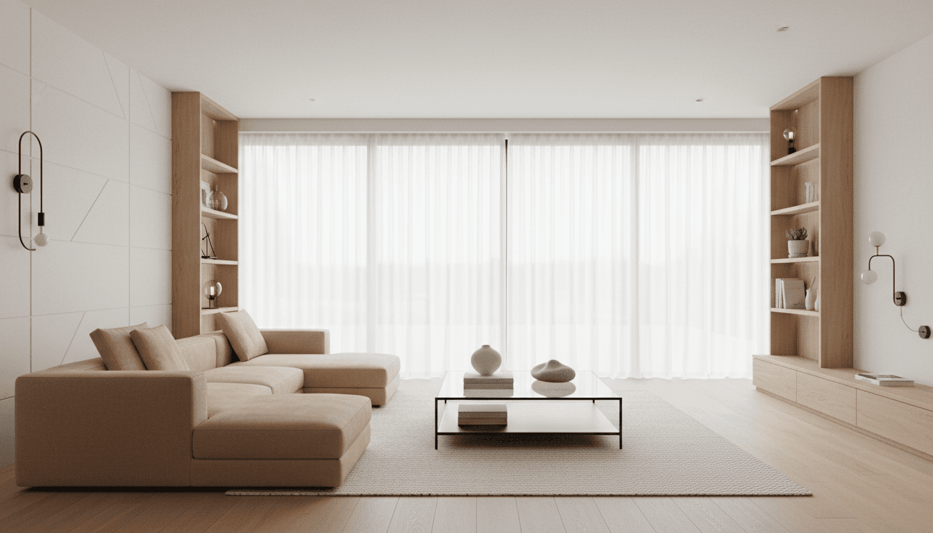 Elegant minimalist living room interior with refined neutral furniture