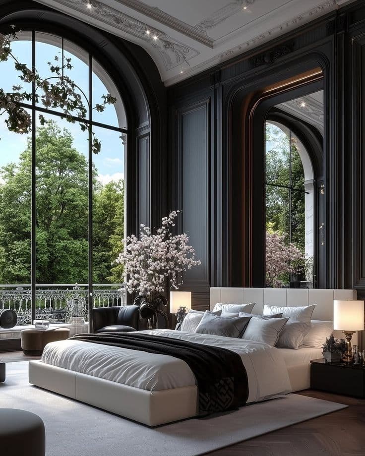 Luxurious bedroom with dark paneled walls, white bed, and large arched window overlooking trees.
