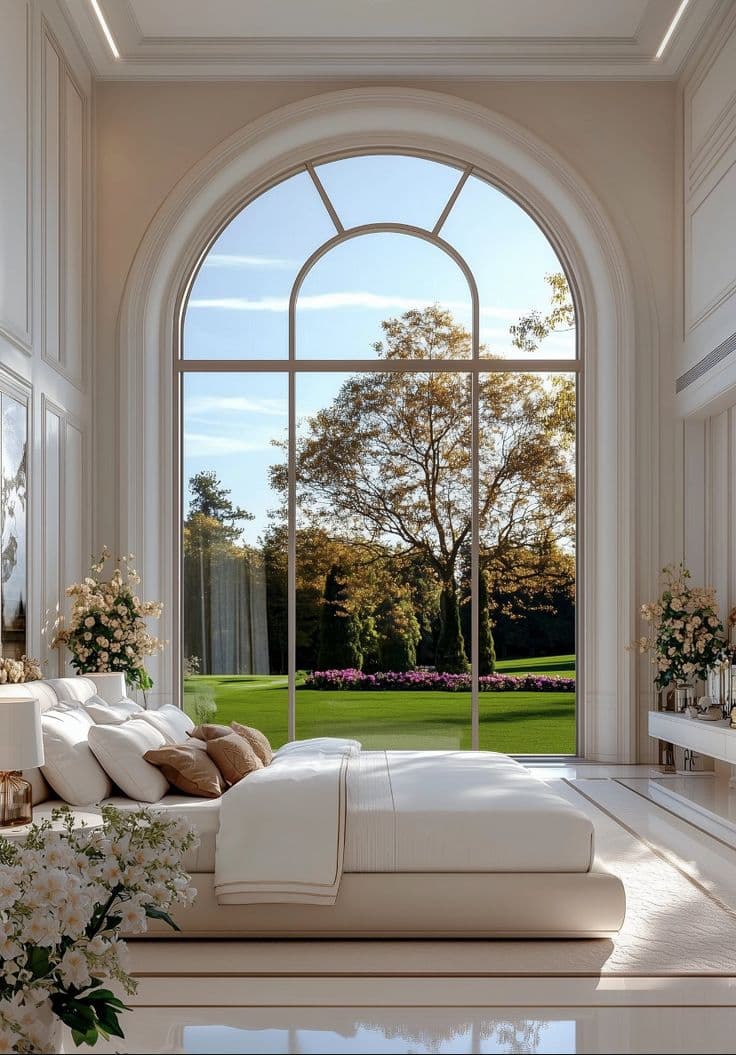 Luxurious white bedroom with a massive arched window overlooking a lush green garden.