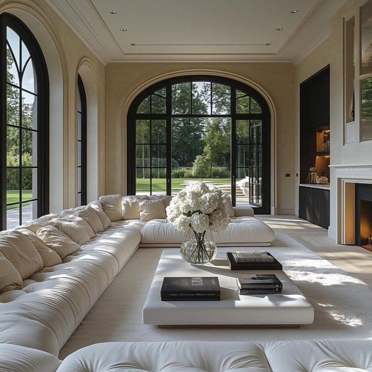 Luxurious living room with a long cream modular sofa, white hydrangeas, and large arched windows.
