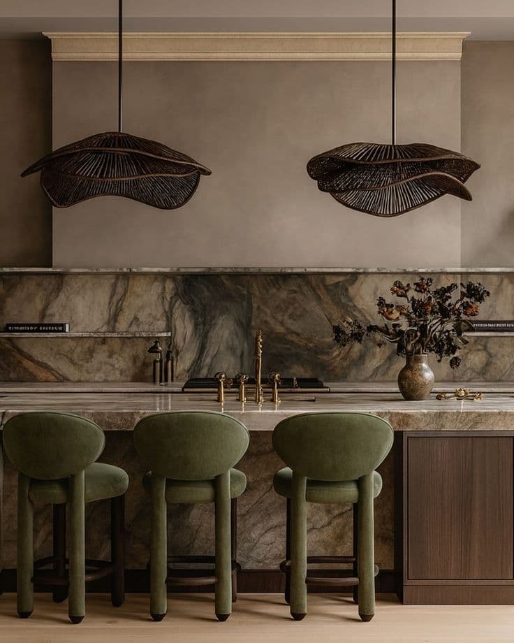 Elegant kitchen with green velvet stools, marble backsplash, and two large, dark woven pendant lights.